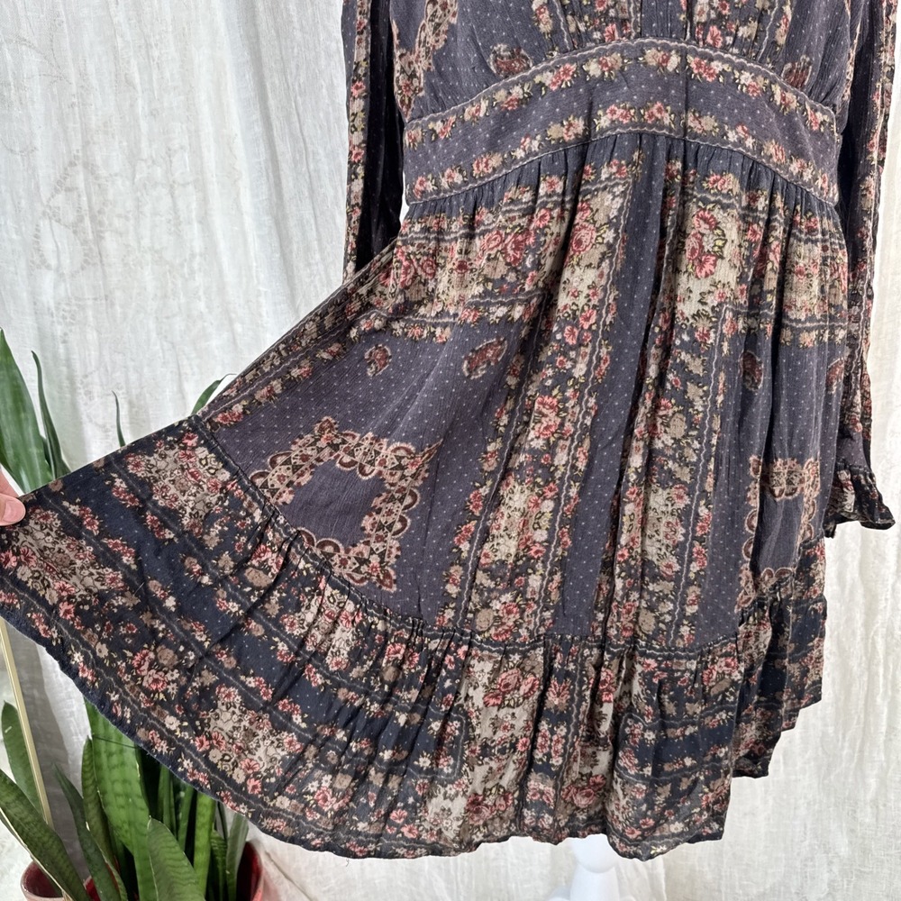 Free People Boho Cottagecore Floral Mini Dress L Prairie Peasant Festival Earthy - Picture 4 of 7